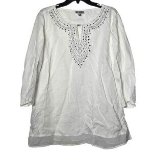 JM Collection Women 100% Linen White Long Sleeve Embellished Top SIze XL Coastal